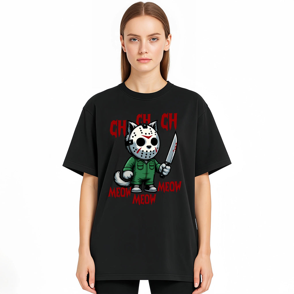 MEOW Scary Cat Print Short Sleeve Unisex Oversized Gothic Y2K Halloween Gift Soft Cotton Loose Fit Casual Top