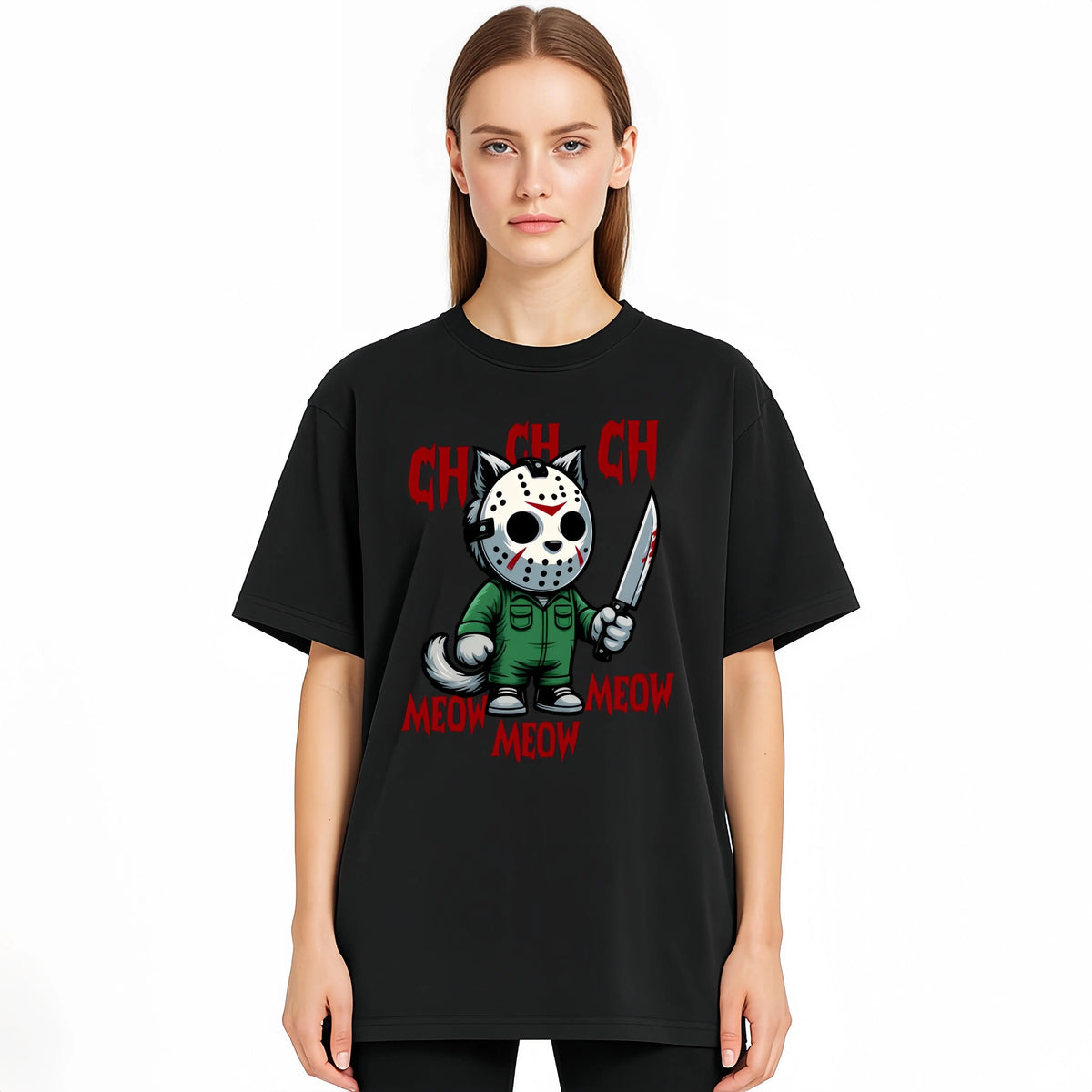 MEOW Scary Cat Print Short Sleeve Unisex Oversized Gothic Y2K Halloween Gift Soft Cotton Loose Fit Casual Top