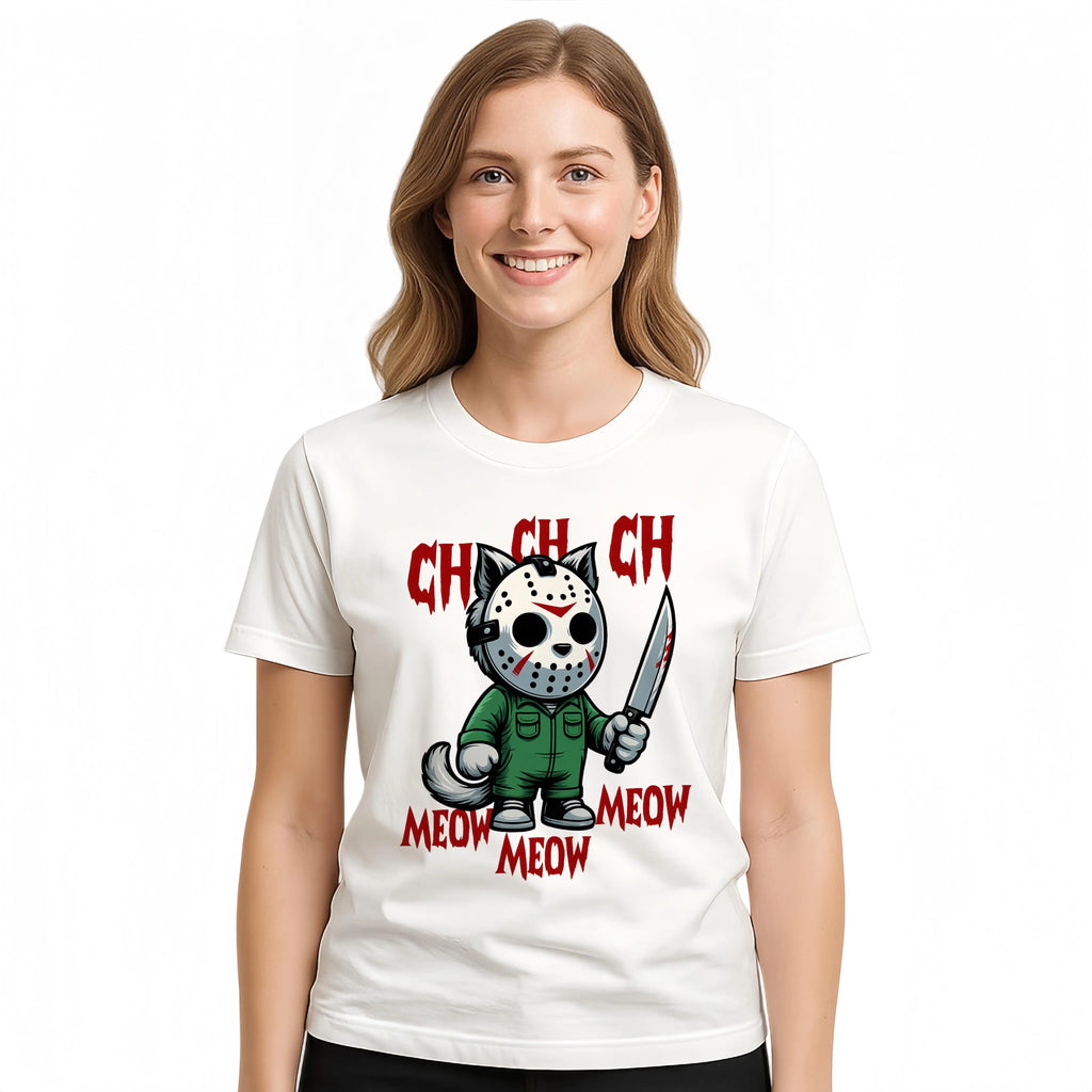 MEOW Scary Cat Print Short Sleeve Unisex Oversized Gothic Y2K Halloween Gift Soft Cotton Loose Fit Casual Top