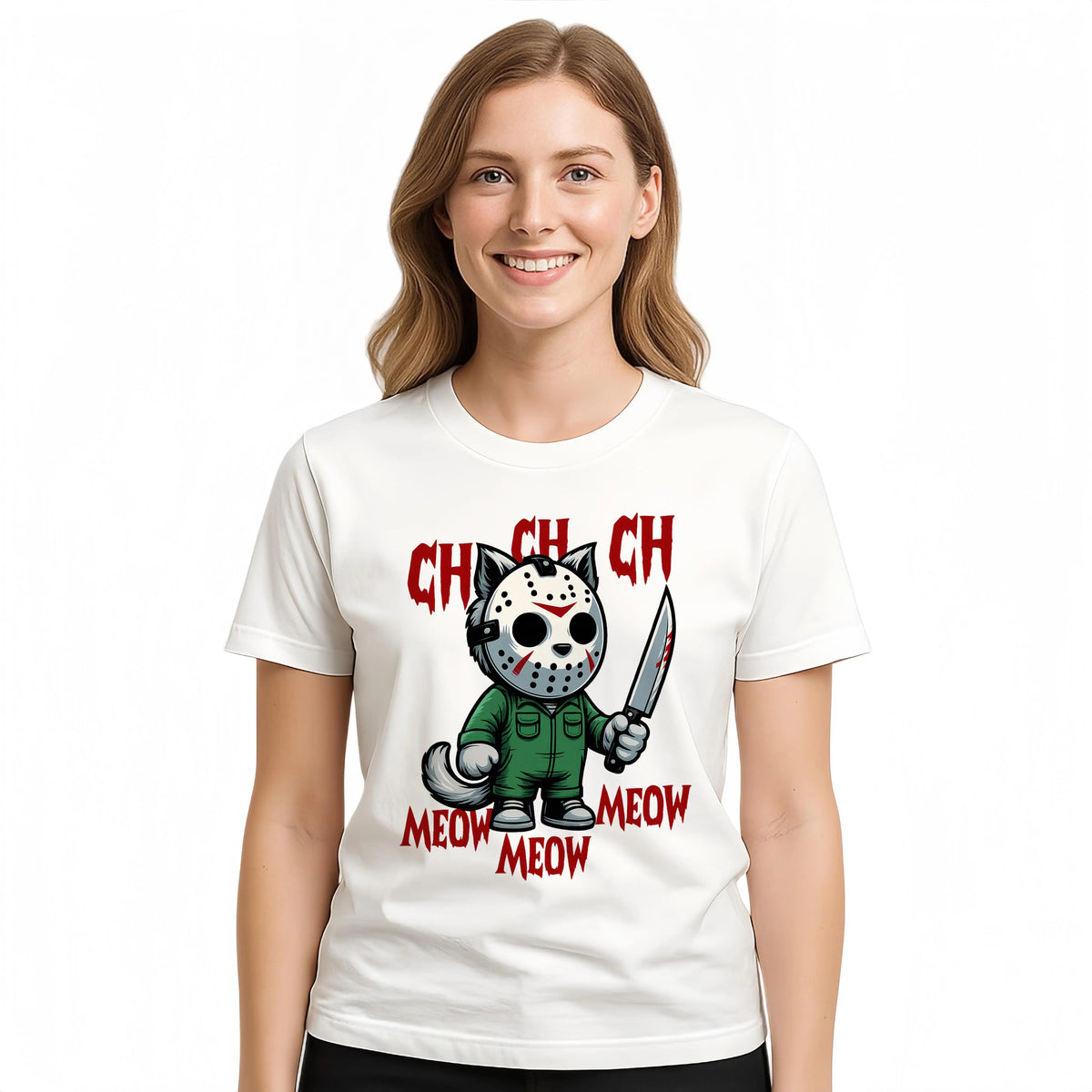 MEOW Scary Cat Print Short Sleeve Unisex Oversized Gothic Y2K Halloween Gift Soft Cotton Loose Fit Casual Top