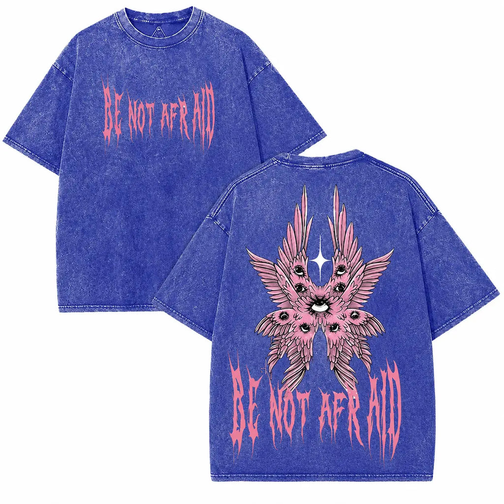 Back to School Men's Gothic Unisex Short-Sleeve 100% Cotton T-Shirt, 'Be Not Afraid' Printed Wings, Loose Distressed Baggy Oversized Casual Menswear, Alt Clothes Retro Streetwear Top, Whimsical Festive Father's Day Pick, Tshirt, Shortsleeve