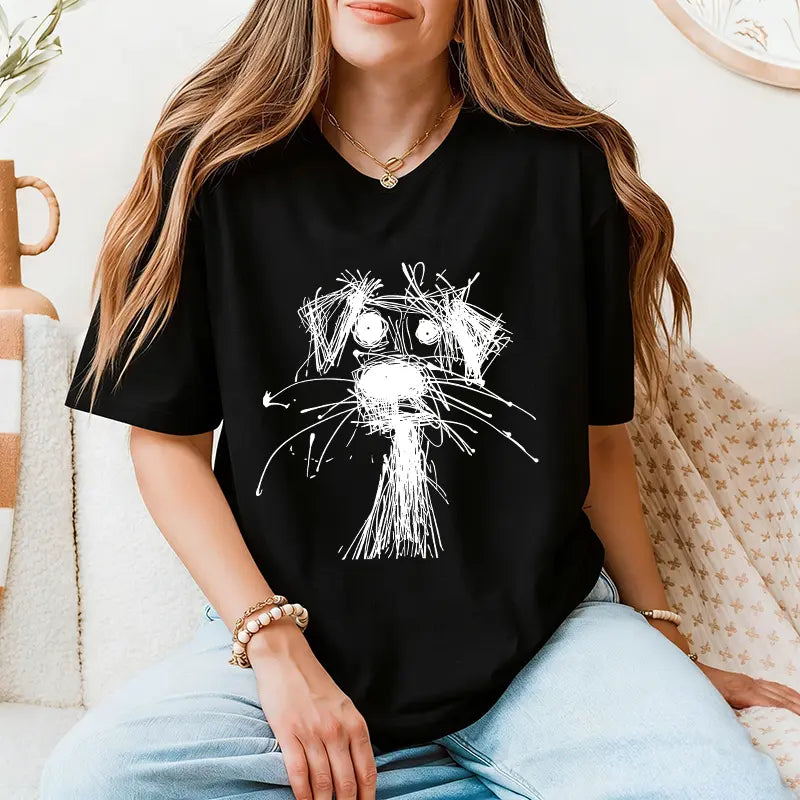 Women's Oversize Crewneck Shortsleeve Cotton Tops - 100% Cotton Fabric, Puppy Doodle Print, Comfortable, Breathable, Versatile, Made in USA