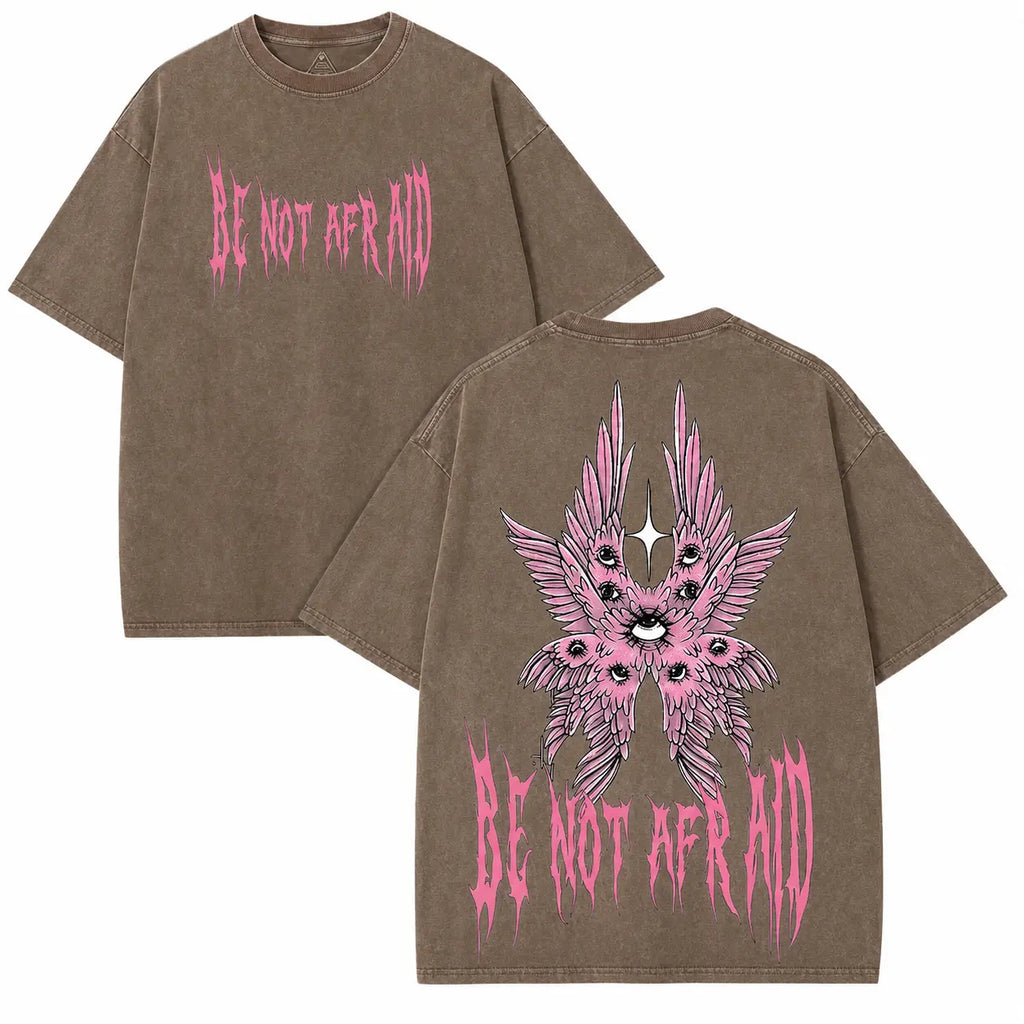 Back to School Men's Gothic Unisex Short-Sleeve 100% Cotton T-Shirt, 'Be Not Afraid' Printed Wings, Loose Distressed Baggy Oversized Casual Menswear, Alt Clothes Retro Streetwear Top, Whimsical Festive Father's Day Pick, Tshirt, Shortsleeve