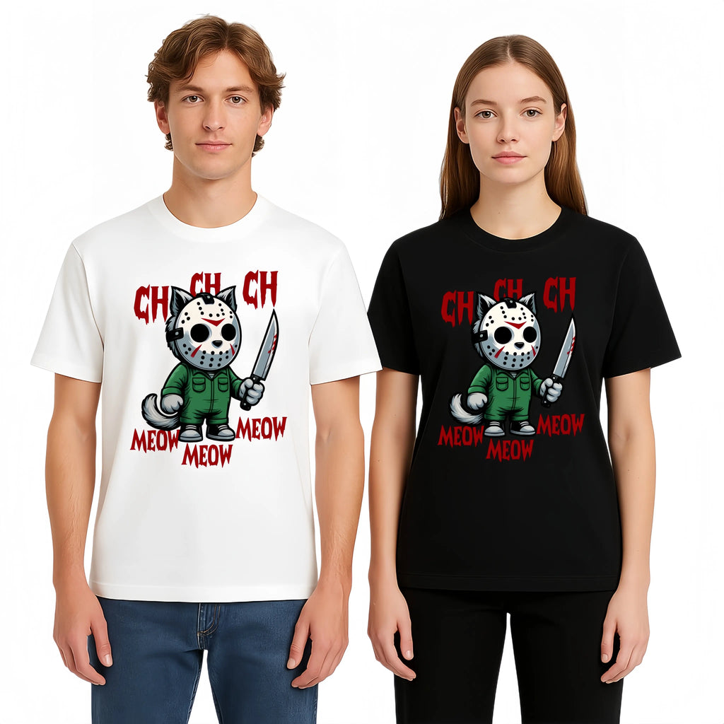 MEOW Scary Cat Print Short Sleeve Unisex Oversized Gothic Y2K Halloween Gift Soft Cotton Loose Fit Casual Top