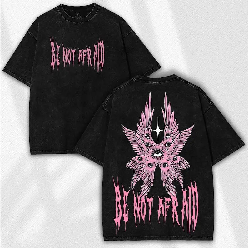 Back to School Men's Gothic Unisex Short-Sleeve 100% Cotton T-Shirt, 'Be Not Afraid' Printed Wings, Loose Distressed Baggy Oversized Casual Menswear, Alt Clothes Retro Streetwear Top, Whimsical Festive Father's Day Pick, Tshirt, Shortsleeve