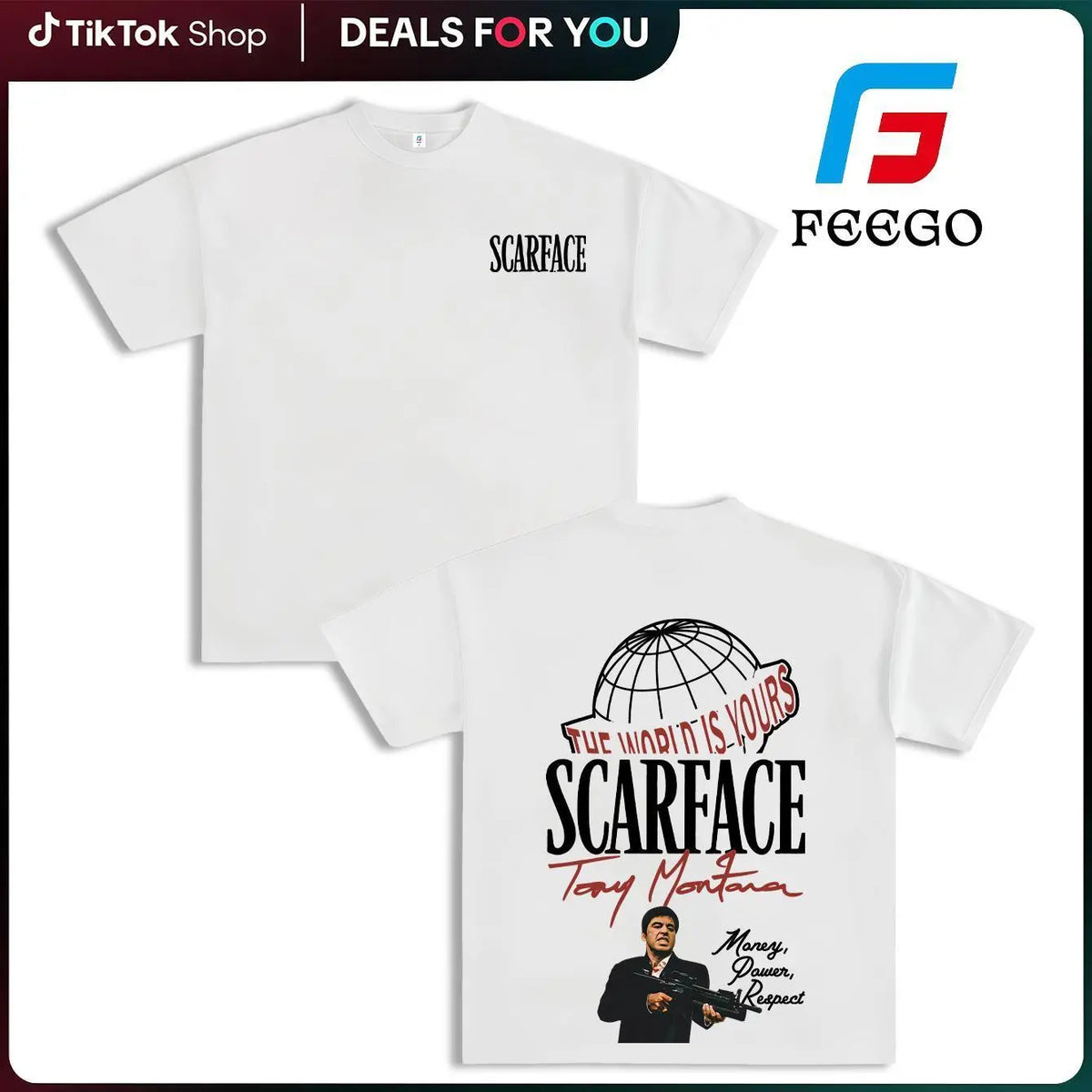 FEEGO Scarface Men's 2-Sided Graphic Tee - 100% Pure Cotton Shortsleeve Round Neck Top, The World is Yours Tony Montana Design, Men's Clothing for Movie Fans, Good Graphic Tees Streetwear Casual Gift for Him Menswear Tshirt